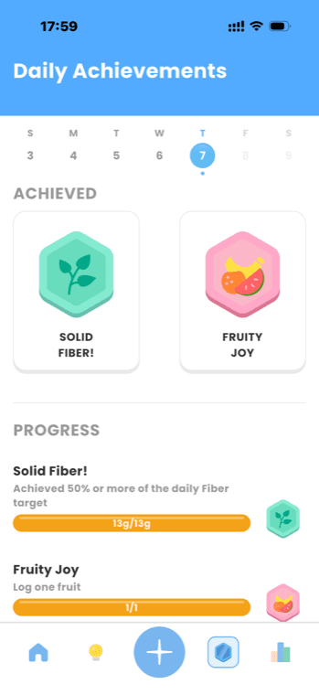 NutriOn daily achievements and progress screen for nutrition habits
